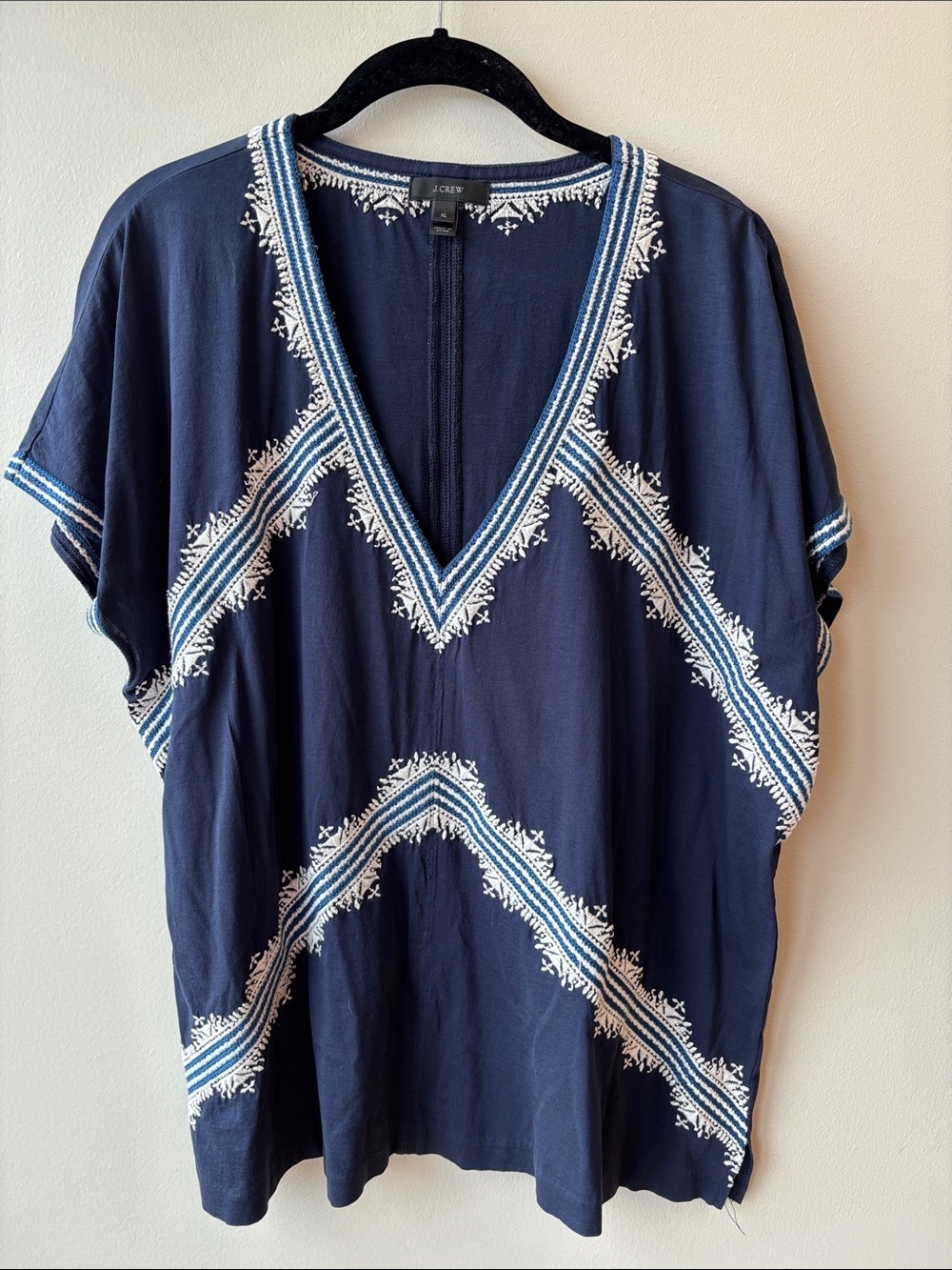 J. Crew Navy Top with White Embroidered V-Neckline